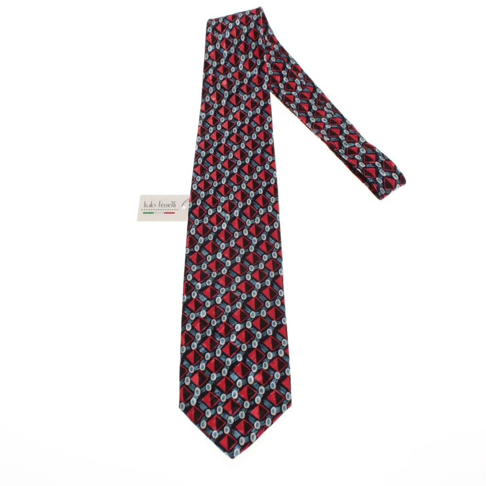 Italo Ferretti NWT Neck Tie in Red / Blue / Black Geometric Print 100% Silk